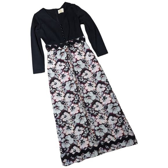 Vtg 1960s Plu Black Knit Pastel Floral Tapestry Long Sleeve Belted Maxi Dress 10 - Picture 1 of 6